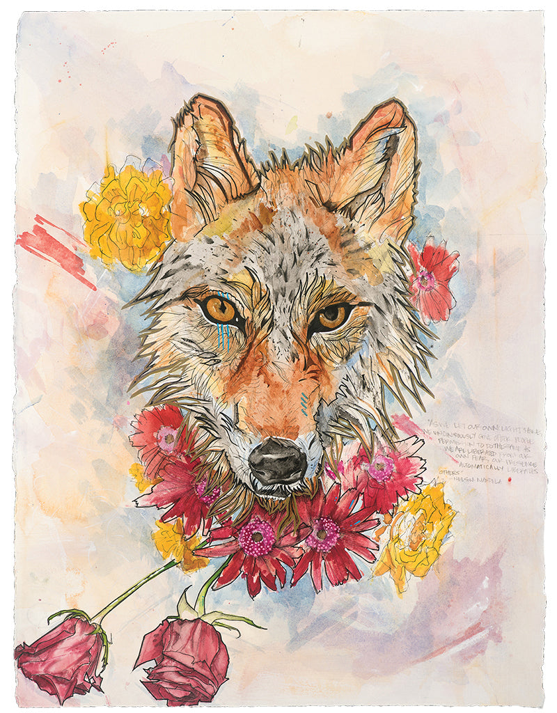 "Amor fati" is Latin for "love of one's fate." This piece is a meditation on acceptance of how life unfolds. The roses are beautiful, but temporary. Do we only love them in their bloom? Red wolves are on the verge of extinction...seen through "amor fati," everything that happens in one's life, including suffering and loss, are necessary parts of the whole. With an acceptance of the totality of life, we choose to make it all beautiful.