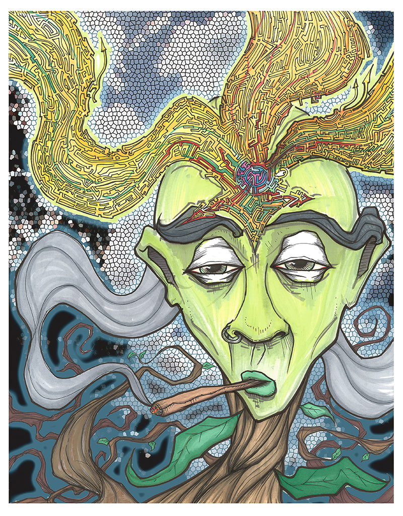 Third eye open? Check. Firmly grounded, rooted? Check? Medicine of choice? Check. Get ready to move past your mind into the endless flow of information in the cosmos. Think of it as downloading the latest firmware for your operating system. Mixed media. Third eye guy, smoke, and tree branches drawn with ink and marker. Background photograph taken at Yosemite National Park with a Canon 20D dslr and run through a few Photoshop filters.