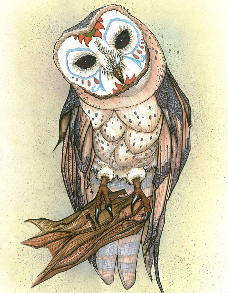 The Dia de los Muertos theme reminds us of our shared mortality. This barn owl, with her compassionate gaze, gently advocates you to let go and truly live. 
