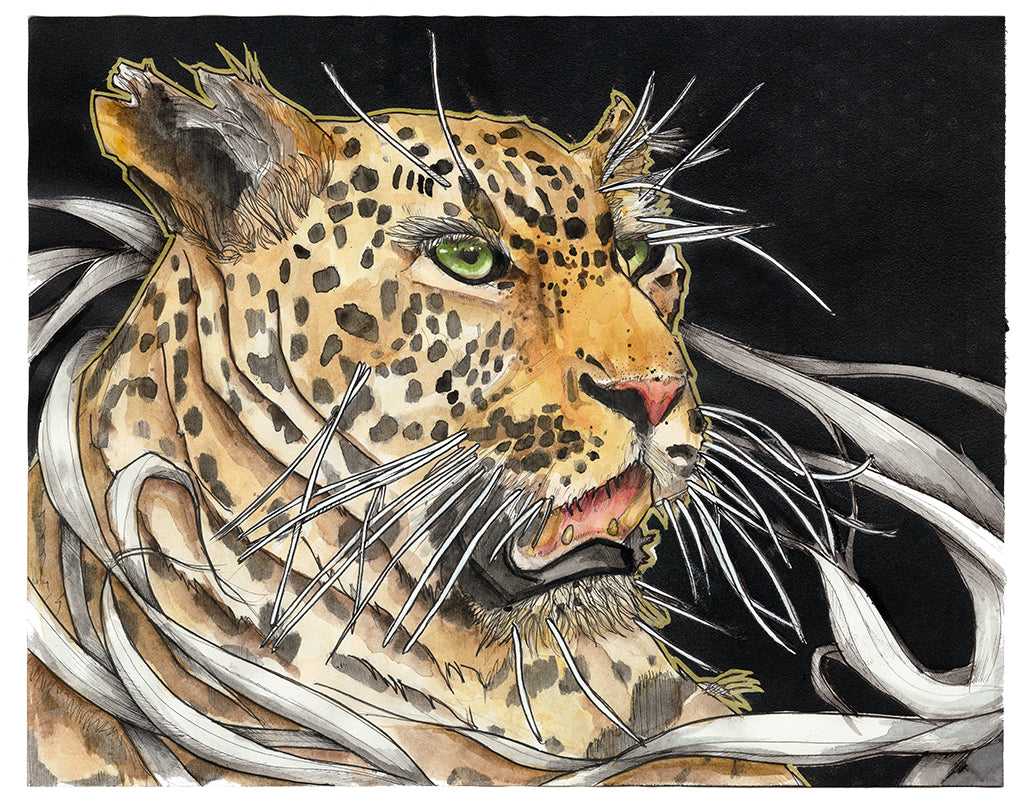 A mix of different materials, styles, and concepts from earlier and more recent times in my career. Enveloped in movement, the leopard sits strong in the center.