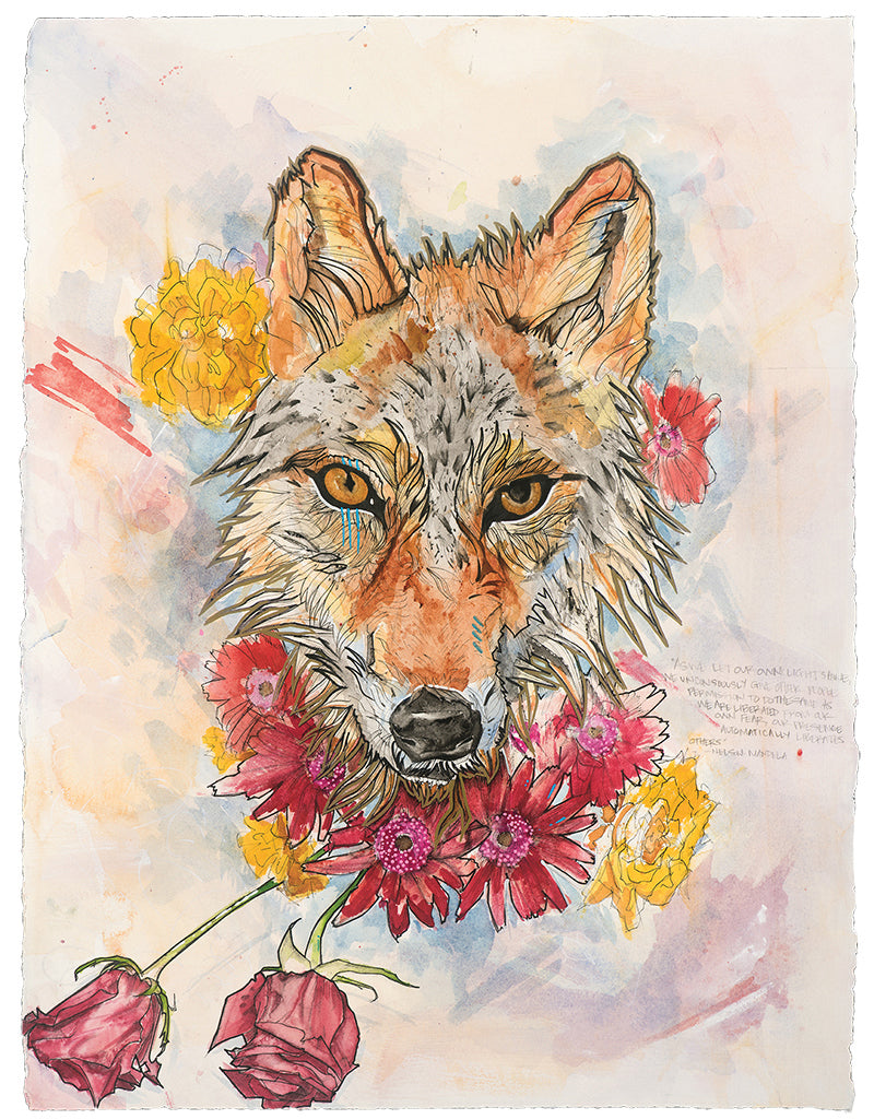 "Amor fati" is Latin for "love of one's fate." This piece is a meditation on acceptance of how life unfolds. The roses are beautiful, but temporary. Do we only love them in their bloom? Red wolves are on the verge of extinction...seen through "amor fati," everything that happens in one's life, including suffering and loss, are necessary parts of the whole. With an acceptance of the totality of life, we choose to make it all beautiful.  