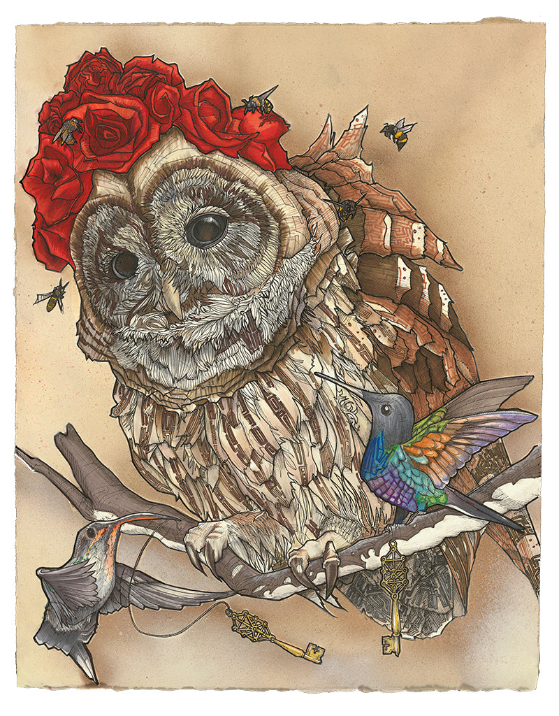 My take on The Hierophant tarot card, usually the 5th card in the Major Arcana (hence the five bees). In my version, the owl's wisdom spreads organically, through willful learning, rather than via the subservience suggested in the card's classical depiction. The hummingbirds have possession of the Keys of Life, which are adorned with the Kabbalah Tree of Life pattern. Can you spot the symbolism?
