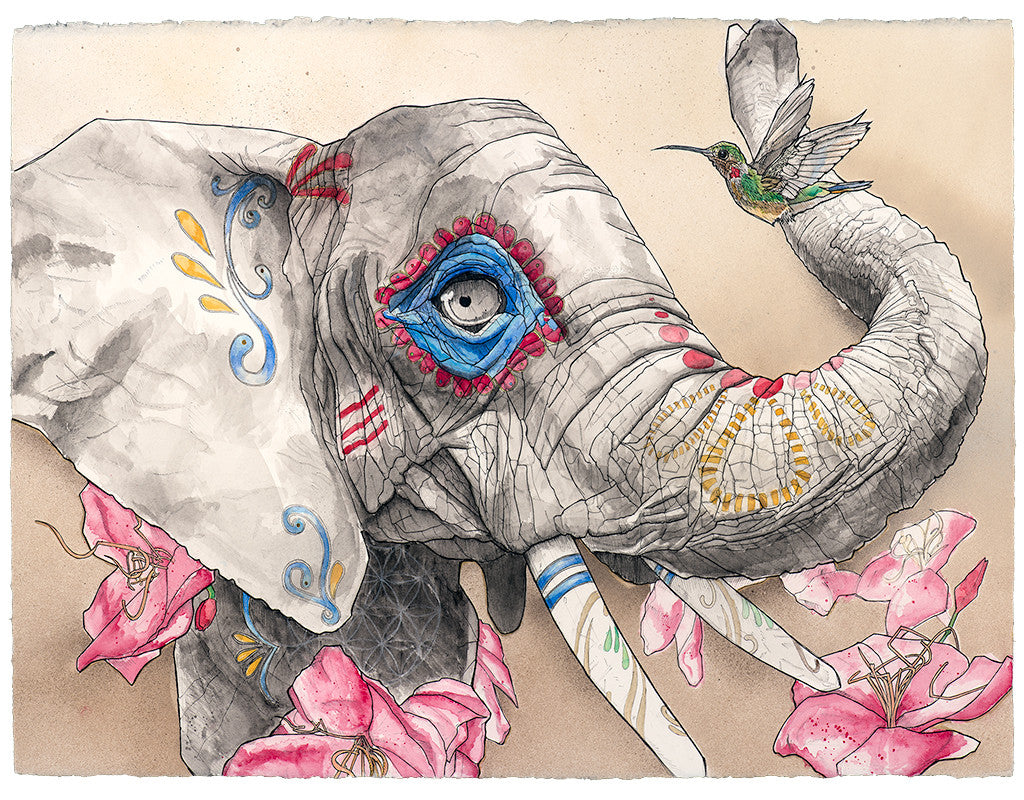 Representing strength, family, and community; stable and wise, elephants remember their dead and maintain rituals. Even their young learn to mourn ancestors they never personally met. Hummingbirds have been known to show up in the spirit of lost loved ones. This Día de los Muertos-themed piece is a tribute to family remembrance.