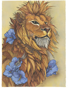 This wise leader reflects on his imperfections, accepting his mistakes. A zodiac piece: can you find the hidden Leo symbolism? A Leo zodiac symbol embedded in the dragonfly wings, two versions of the Leo star constellation in the fur below his mane, and the five hibiscus flowers numerate the fifth sign of the zodiac.  